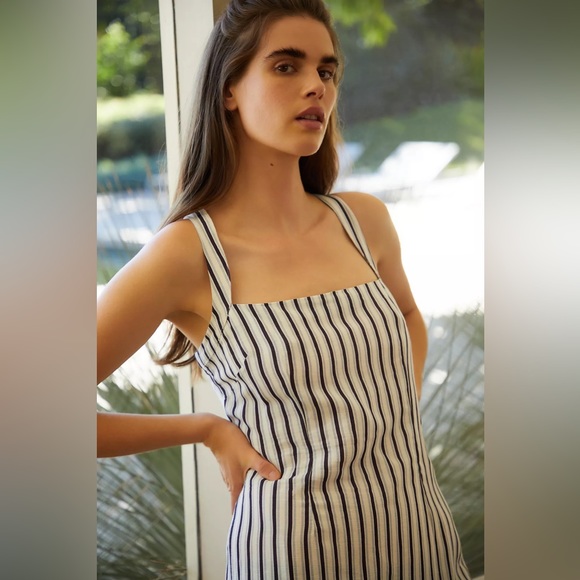 ANTHROPOLOGIE Square Neck Gauze Lightweight Flowy Striped Mini Dress Navy Stripe - Picture 2 of 4